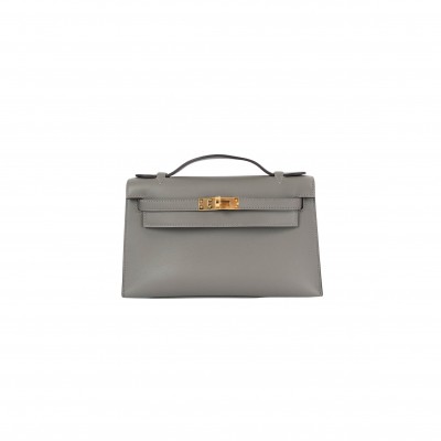 HERMÈS GRIS MEYER GRAY SWIFT LEATHER KELLY POCHETTE CLUTCH BAG W GOLD (22*14*7cm) 